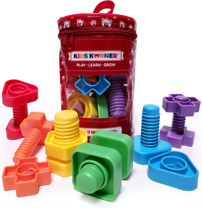 Jumbo Nuts and Bolts for Toddlers - Fine Motor Skills Rainbow Matching Game Montessori Toys for Toddlers & Toddler Games | 12 Pc Occupational Therapy Educational Toys with Toy Storage + Ebook