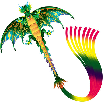 Green Dragon Kite Beautiful and Easy Flyer Kite for Children and Adult with Long Colorful Tail String Line Accessories Easy to Soar High Outdoor Sports Game Activities or Beach Trip