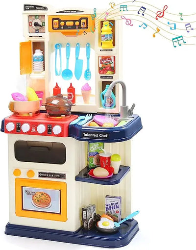 CUTE STONE Kitchen Playset with Real Sounds & Lights, Pretend Play Food Toys, Play Sink, Cooking Stove with Steam, Gift (Blue)