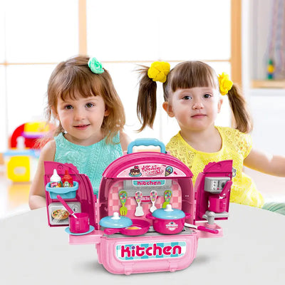 Deao 3-In-1 Kitchen Set ,Pink Portable Doll House Pretend Play Food Backpack with Accessories, Great Gift Birthdays