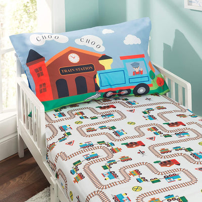 Toddler Fitted Sheet and Pillowcase Set -Choo Choo Train- Soft Breathable Microfiber Toddler Sheet Set