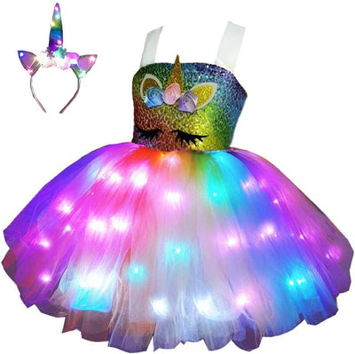 Unicorn Dress for Girls,Unicorn Costumes LED Lighted Tutu Dress with Headband Wing for Birthday Party