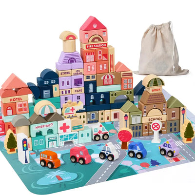 Wooden Building Blocks 115 PCS for Kids Toys with City Map Construction Building Sets City Stacking Blocks Preschool Educational Learning Montessori Toys Birthday Gift