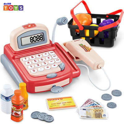 Deao Cash Register Toy Playset , Pretend Play Calculator Cash Register with Scanner Play Money & Credit Card, 24 PCS Play Store Money Bank with Accessories, Birthday & Xmas Gift