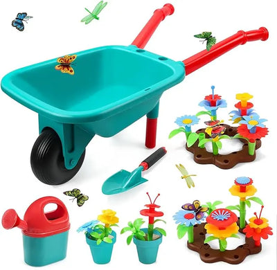 CUTE STONE Gardening Tool Set, Garden Toys with Wheelbarrow, Watering Can, Shovel, Flower Garden Building Toy, Pretend Play Outdoor Indoor Toy, Activities STEM Toy Gifts